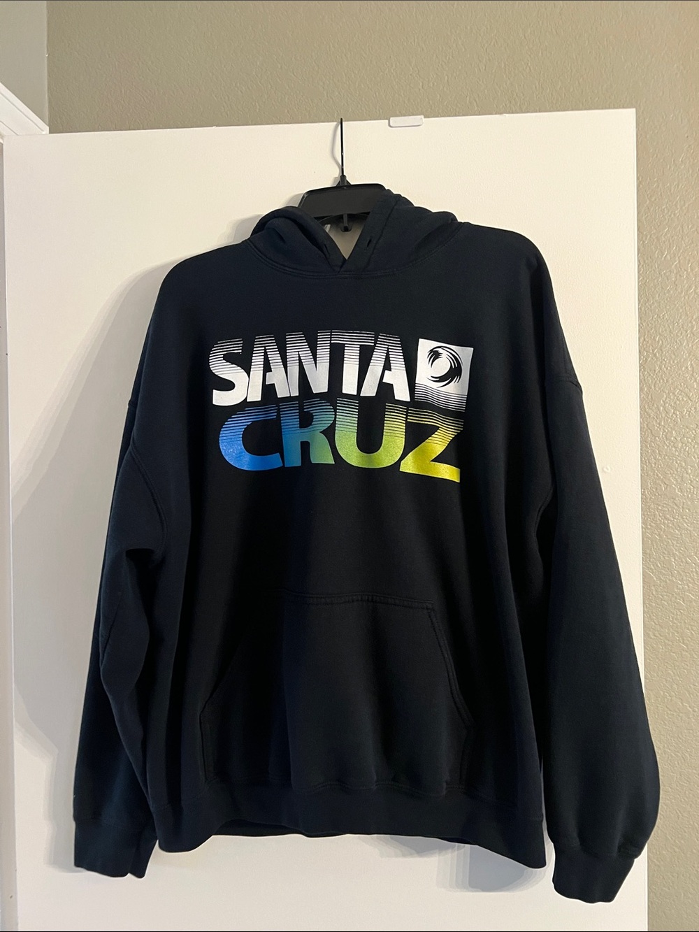 Santa Cruz Skateboards Black Hoodie with Blue-Green-Yellow Gradient Logo
